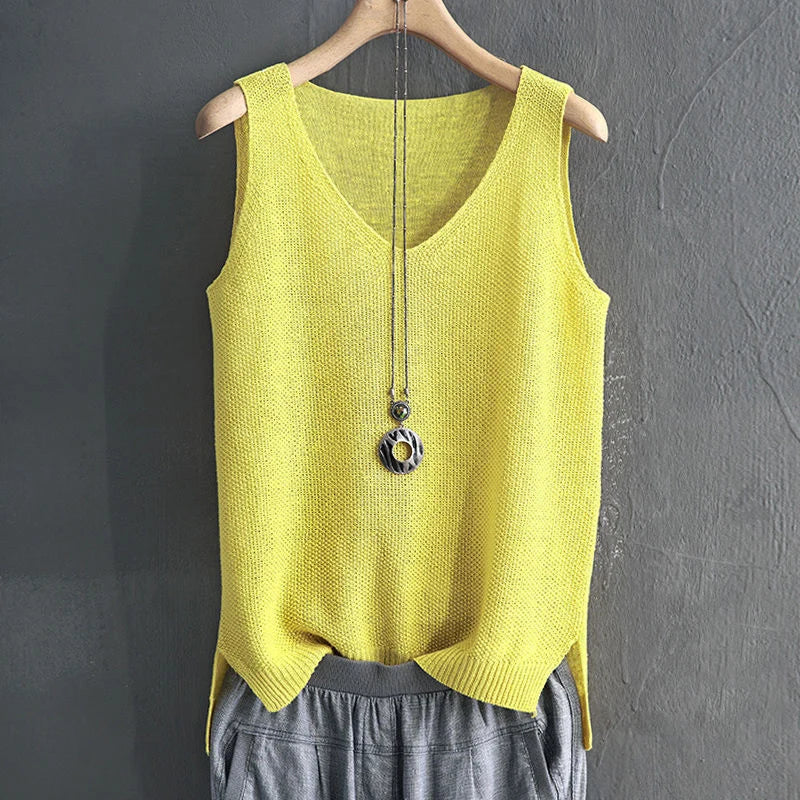 Summer Sleeveless Knitted Blouse, V-neck Blouse, Women Tops