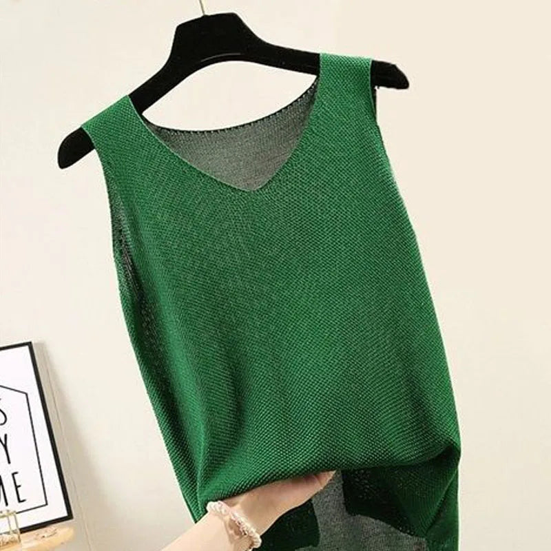 Summer Sleeveless Knitted Blouse, V-neck Blouse, Women Tops
