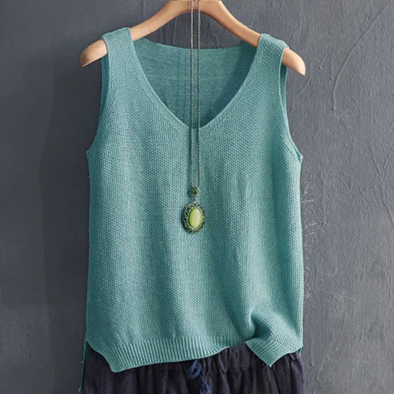 Summer Sleeveless Knitted Blouse, V-neck Blouse, Women Tops