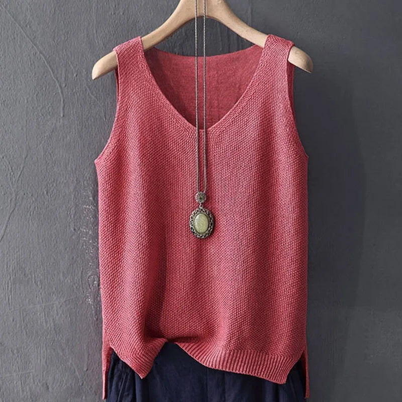 Summer Sleeveless Knitted Blouse, V-neck Blouse, Women Tops
