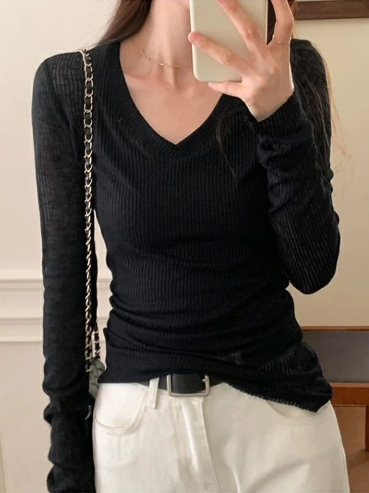 Women Long Sleeve T Shirt, Thin Summer Solid, Pullovers Basic Tee