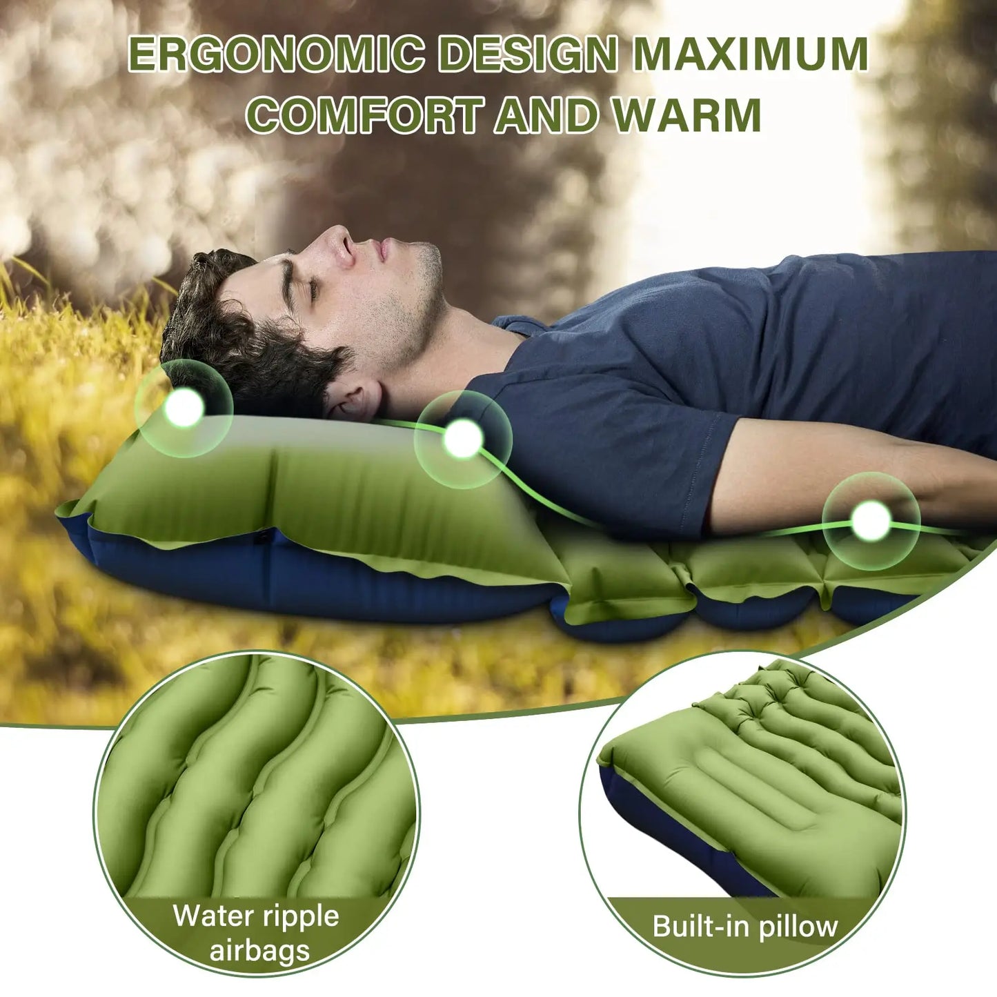 Camping Sleeping Pad, Ultralight, Pillow, Built-in Foot Pump,