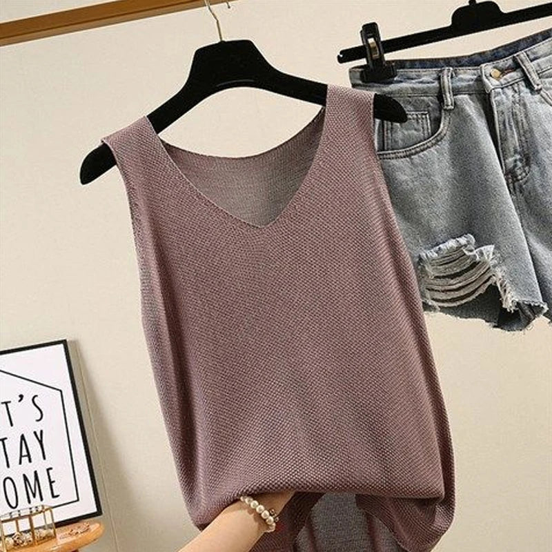 Summer Sleeveless Knitted Blouse, V-neck Blouse, Women Tops