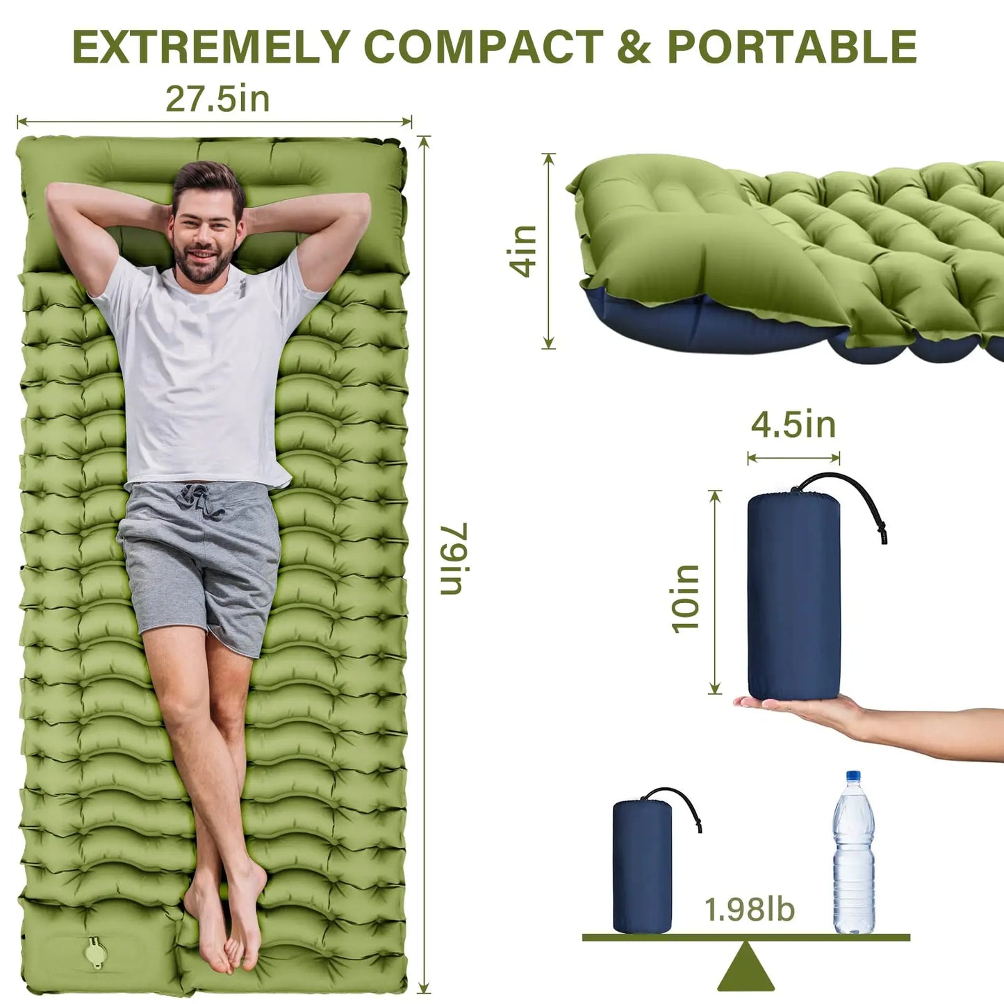 Camping Sleeping Pad, Ultralight, Pillow, Built-in Foot Pump,