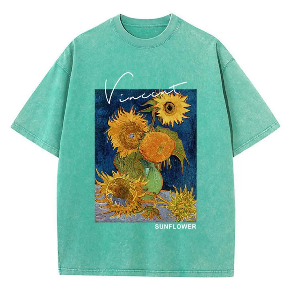 Womens Cotton Washed T-Shirts, Van Gogh Sunflower Short Sleeve