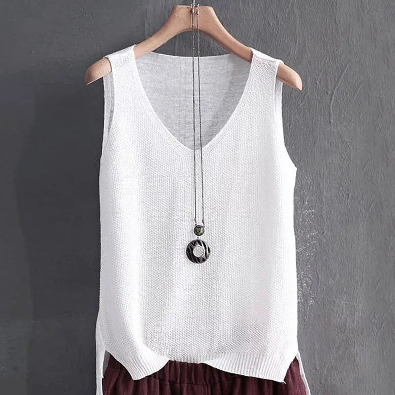 Summer Sleeveless Knitted Blouse, V-neck Blouse, Women Tops