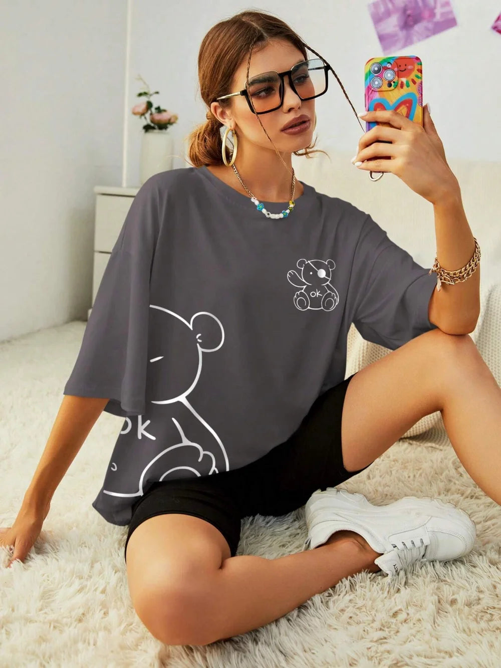 Womans Cotton T-Shirts Kawaii, OK Teddy Bear Graphic Casual