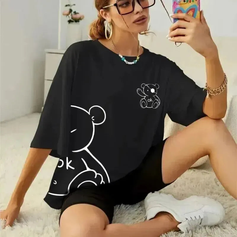 Womans Cotton T-Shirts Kawaii, OK Teddy Bear Graphic Casual