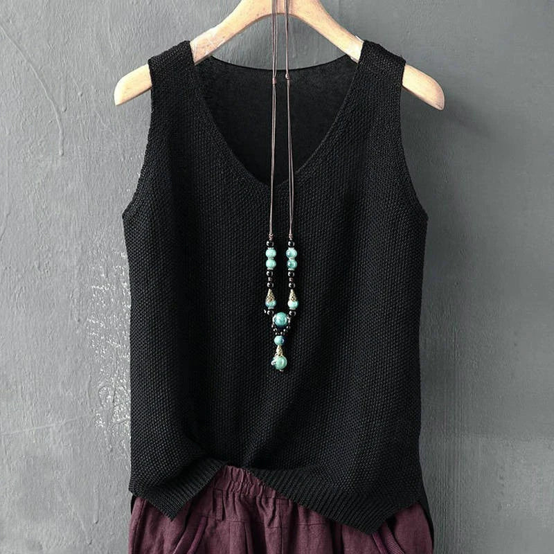 Summer Sleeveless Knitted Blouse, V-neck Blouse, Women Tops