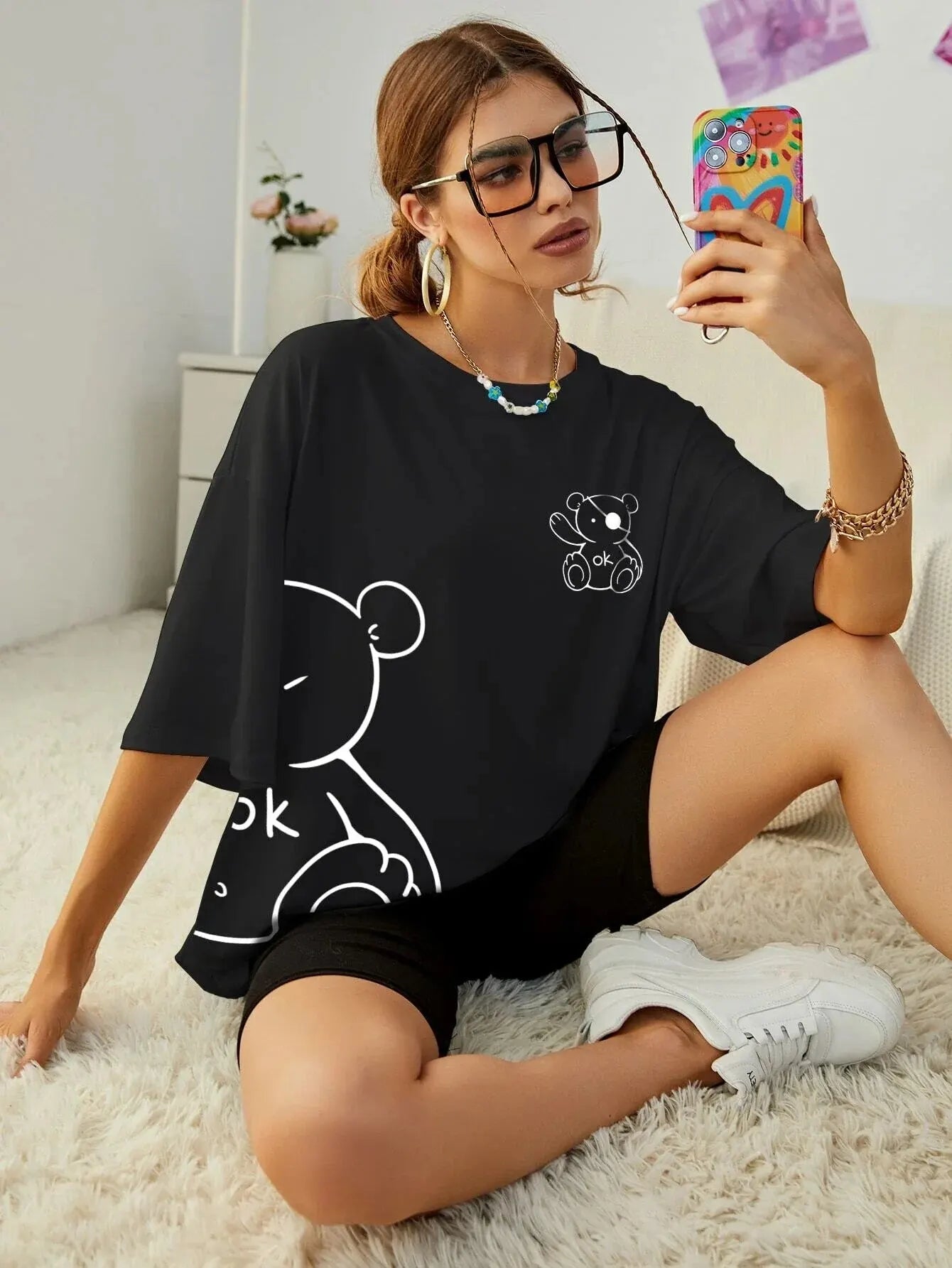 Womans Cotton T-Shirts Kawaii, OK Teddy Bear Graphic Casual