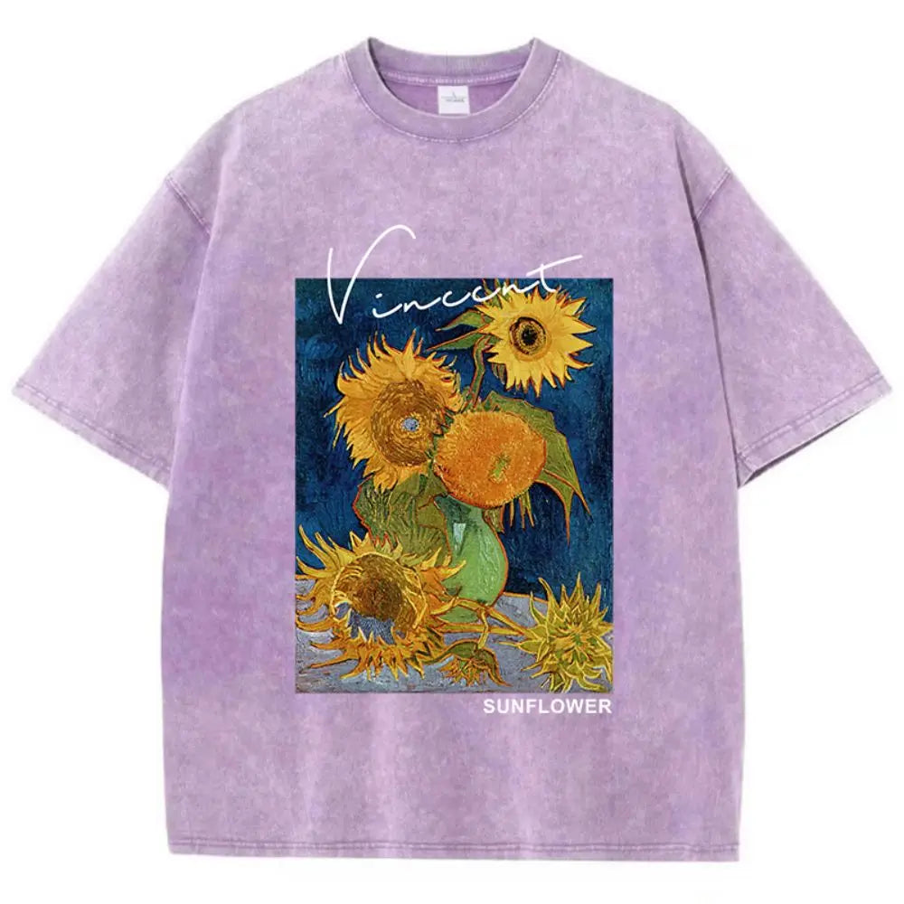 Womens Cotton Washed T-Shirts, Van Gogh Sunflower Short Sleeve