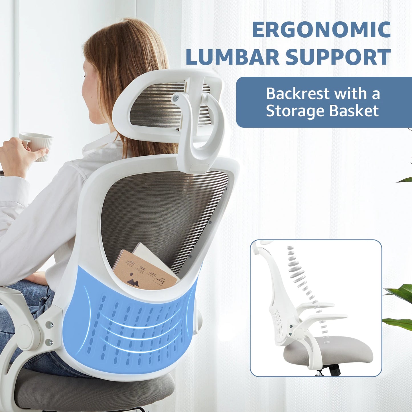 Ergonomic Office Computer Desk Chair, Flip-up Arms Adjustable, Comfortable Lumbar Support