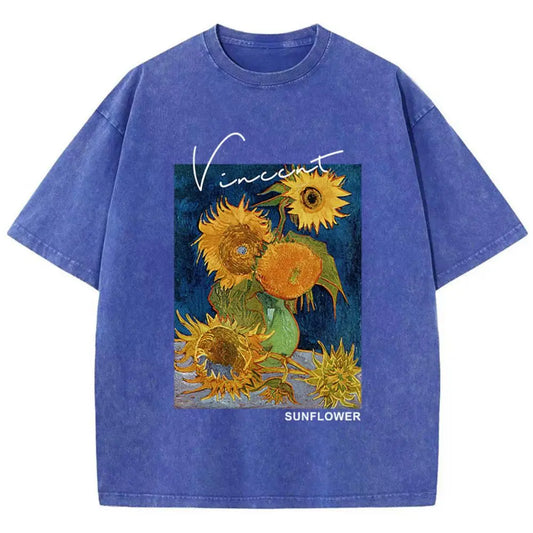 Womens Cotton Washed T-Shirts, Van Gogh Sunflower Short Sleeve