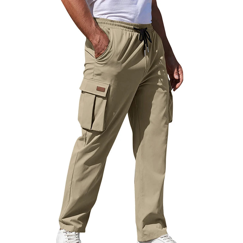 Men's Outdoor Cargo Pants, Drawstring Waistband, Multiple Flap Pockets