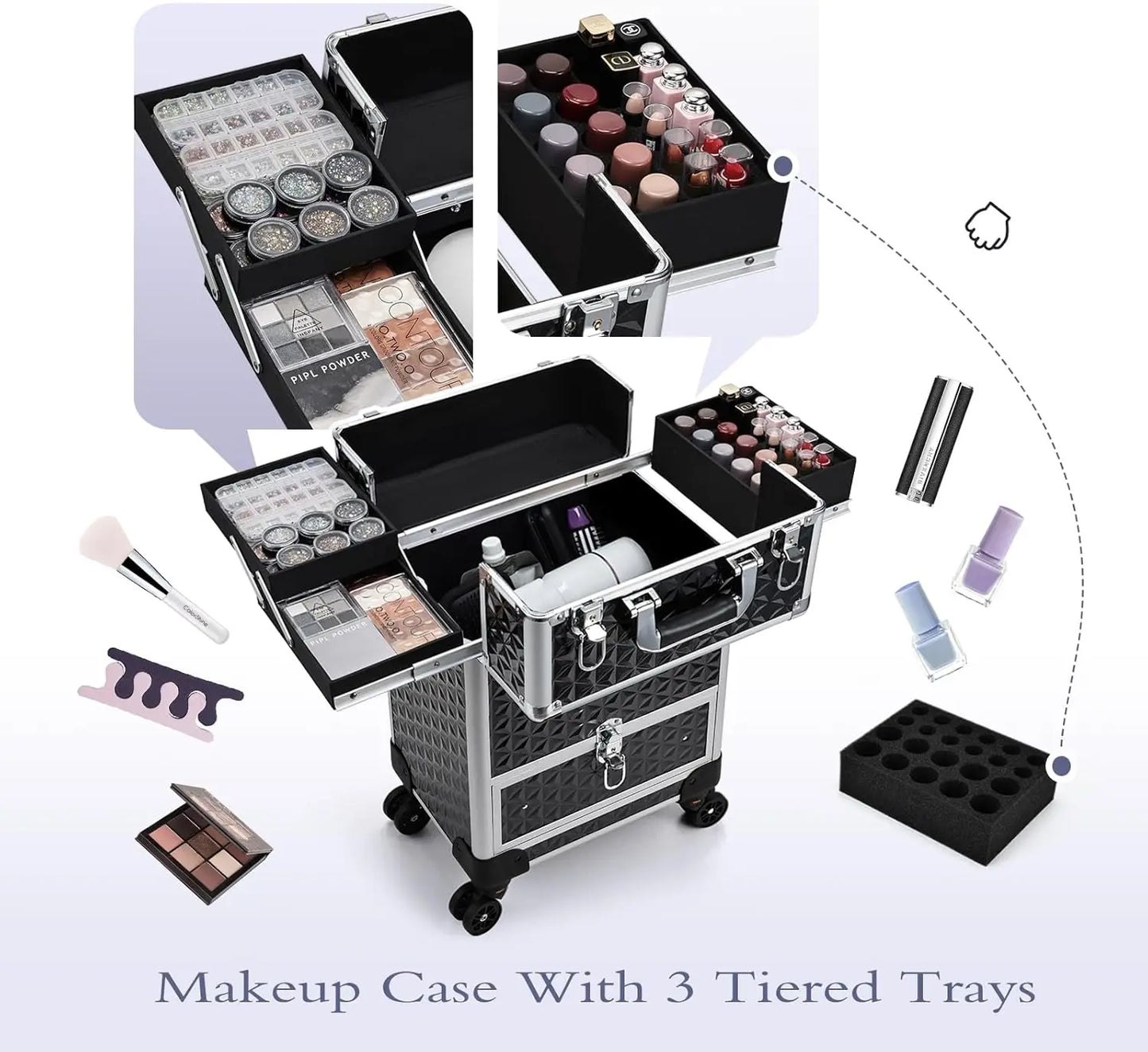 Rolling Makeup Train Case,  Trolley Makeup Travel, Trunk