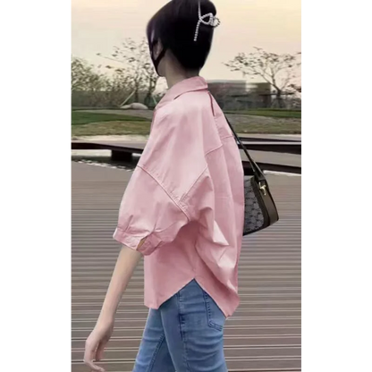 Cotton Mid-sleeve, Thin Woman Blouse shirt,  Fashion Casual  Top