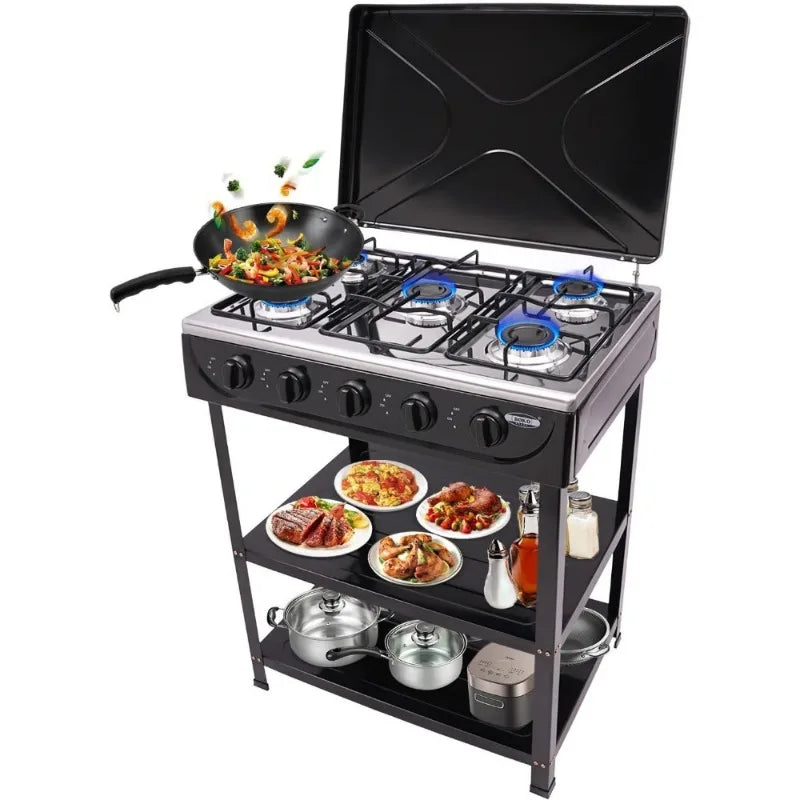 Natural Gas Stove 5-Burner, Portable, Placement Boards and Windshield