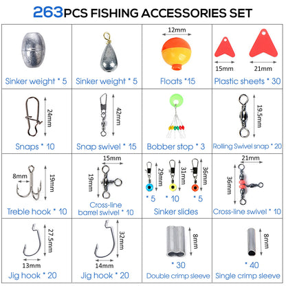 263pcs Fishing Accessories Set with Tackle Box, Plier Jig Hooks Sinker Weight Swivels Snaps Sinker Slides