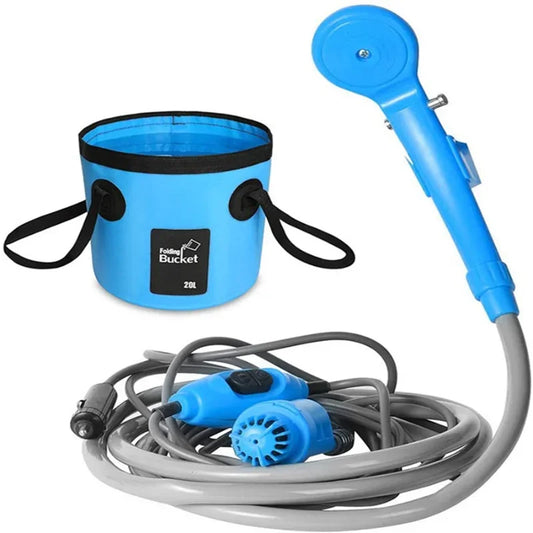 "Portable Camping Shower 20L Bucket Set + 12V Electric Pump,  Car Washer