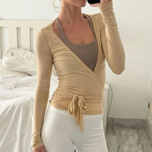 Elegant Women s Deep V Neck Cross Wrap Tie Tops with Long Sleeves Solid Color  Fit T-Shirts for Stylish Workout Blouses