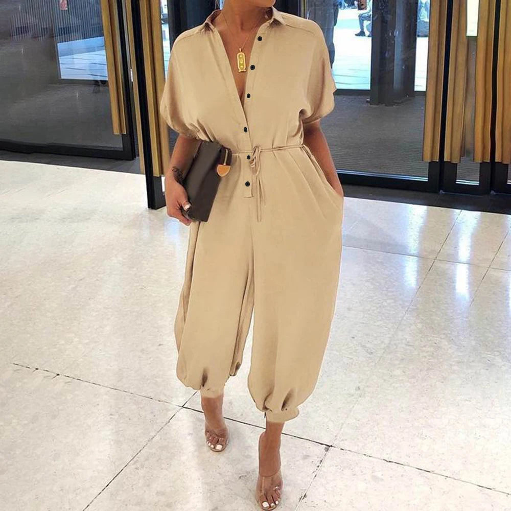 High Waist One Piece Short Sleeve Jumpsuit, Casual, Long Pants