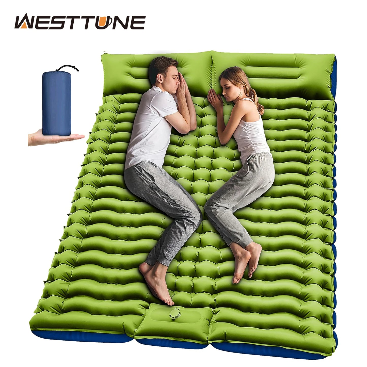 WESTTUNE Double Sleeping Pad 4" Thick for 2 Person Built-in Foot Pump