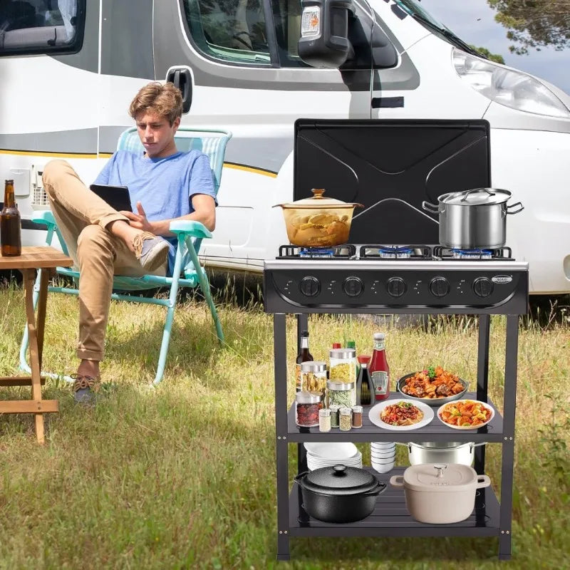 Natural Gas Stove 5-Burner, Portable, Placement Boards and Windshield